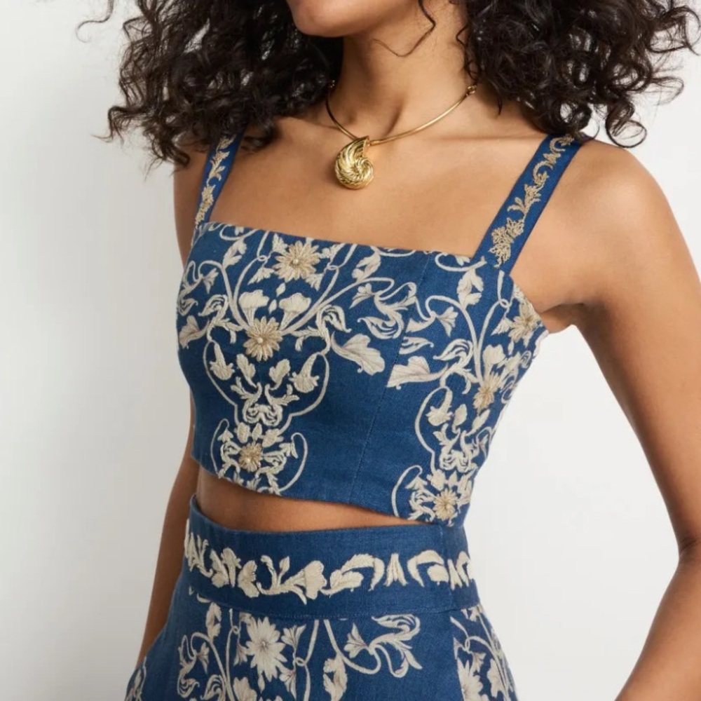 Agua Bendita Cacao Ribbons Floral Blue Crop Top Small S